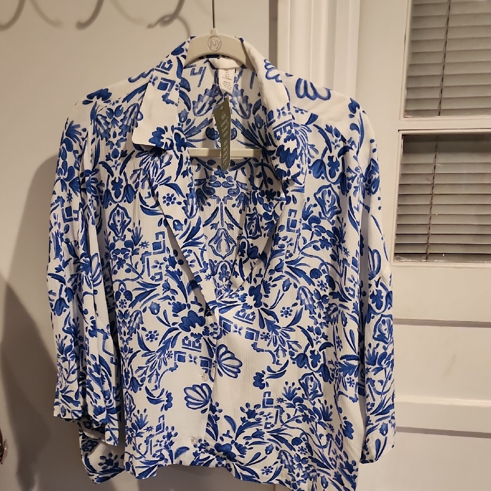 Blue and White Floral Blouse